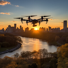 plane landing at sunset, Central Park New York City Sunset Drone stock photo