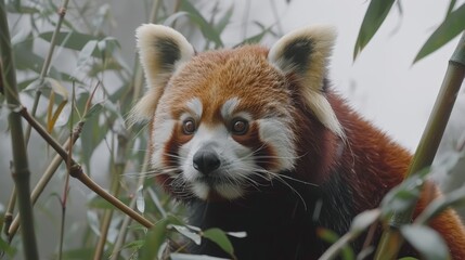   A red panda, eyes sadly expressive, gazes at the camera from a tree perch