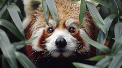   A red panda's face, inches away, emerges from green leaves Eyes wide and alert
