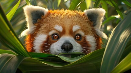   A red panda, eyes wide, peeks from behind a leafy plant