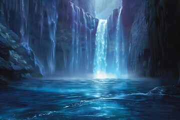 A majestic waterfall cascading into an otherworldly glowing pool