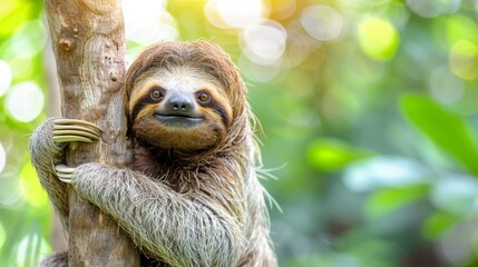   A tight shot of a sloth clutching a tree branch with extended arms Its bright, open eyes gaze directly at the camera