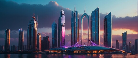 A futuristic city featuring a multitude of towering skyscrapers reaching towards the sky, creating a bustling urban landscape