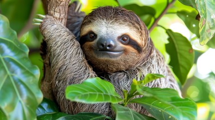Obraz premium A three-toed sloth gripping a tree branch in a tropical forest, eyes fixed wide open