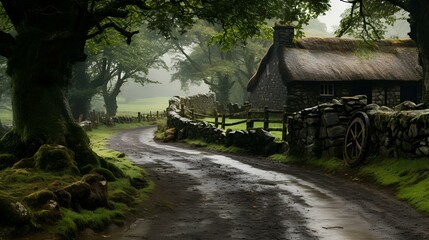 A scenic country road with a charming thatched roof cottage © Micro