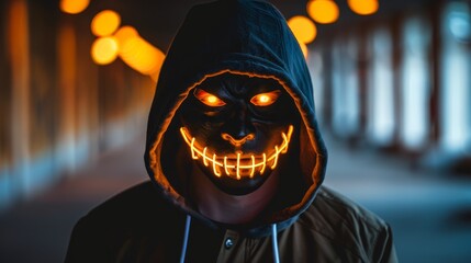   A man wearing a hooded jacket with a pumpkin-shaped face illuminating from beneath the hood - obrazy, fototapety, plakaty
