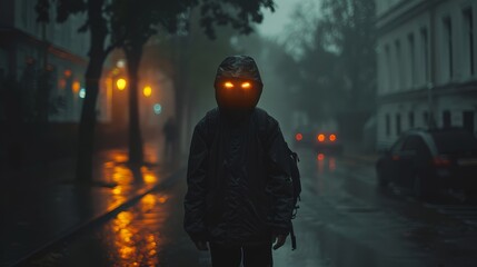  A man walks in the rain, donned in a black jacket His eyes glow yellow beneath the hood