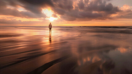 person standing quietly watching the sunset reflected in the shore