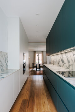 Modern kitchen with aquamarine cabinets