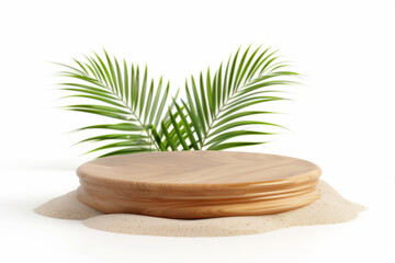 Obraz premium Seaside elevation. Circular wooden podium against a white backdrop