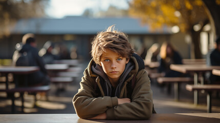Young teenage boy looking at camera, sitting alone in school playground with sad face. Concept of bullying at school