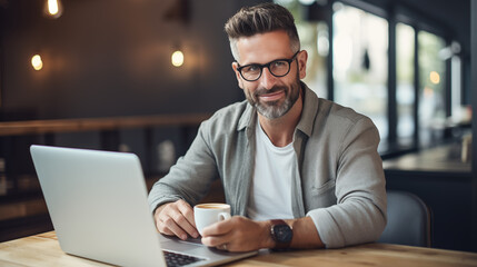 Middle-aged hipster man on his 40s with a coffee mug in the hand and a laptop in a table of a coffee shop. Modern living and digital nomads. - Powered by Adobe