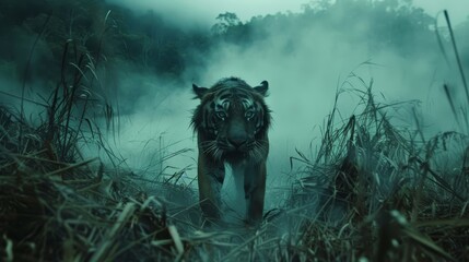  A tiger traverses a foggy field, tall grass looming in the foreground, trees and bushes shrouded in misty background