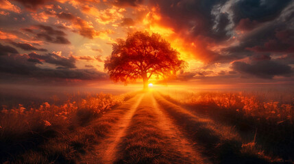 Tree of life at sunset with a path in a field