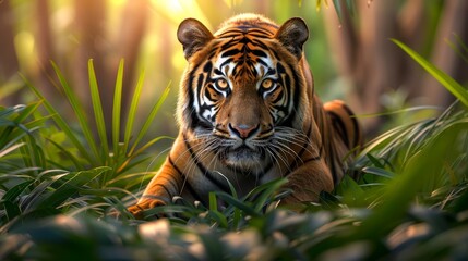   A tight shot of a tiger reclining in the long grass Surrounding are trees, their leaves bathed in sunlight Sunlight filters through, illuminating the scene