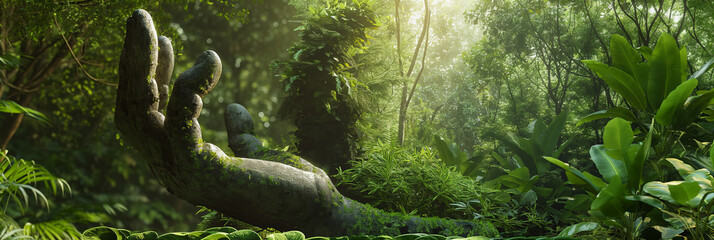 An atmospheric image highlighting an overgrown hand-shaped stone sculpture entwined with the greenery of a mystical forest