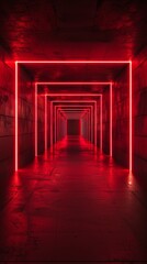 Fototapeta premium Red neon light corridor in a dark interior