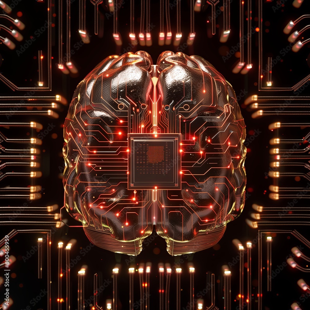 Poster Brain technology concept. Digital chip abstract circuit, computer intelligence. AI cyberspace