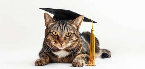 Tabby domestic cat wearing black graduation cap, laying in center of white isolated background. Graduation ceremony, prom, university degree, education concept.