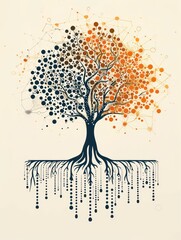 digital stylized tree and roots graphic illustration with nodes and leaves