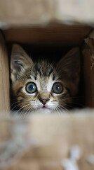 Obraz premium Curious kitten peeking out of a cardboard box