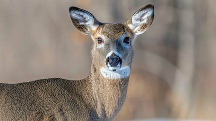 Obraz premium A tight shot of a deer's head against a softly blurred backdrop, featuring indistinct elements such as a wall