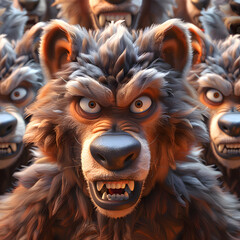 A 3D animated cartoon render of an alert macaque protecting the village from a menacing wolf pack. - obrazy, fototapety, plakaty