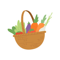 Basket with full of fresh vegetables isolate on white background. Concept of organic vegetable, farm, veggie, harvesting in garden, fresh market, healthy lifestyle. Flat vector illustration.