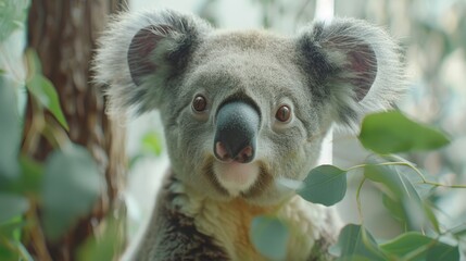   A koala, up-close in a tree, gazes at the camera with an expression of surprise