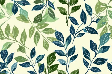 vintage leaves and branches seamless pattern design in blue and green on a light background