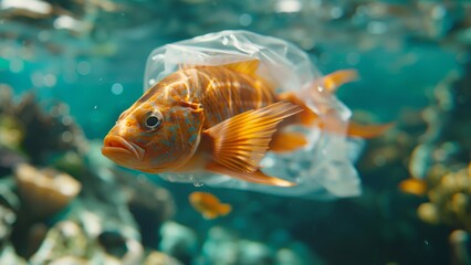 Fish on plastic bag. Water pollution concept, ecological problems. Pollution of the world's oceans with plastic garbage. Yellow fish out of waste. Recycling and the ban on the use of polyethylene.