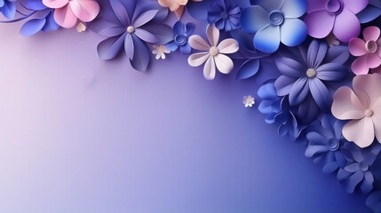 3D Beautiful spring purple, blue and beige flower on gradient background as wallpaper illustration with copy space, Elegant Colorful Flower Frame	