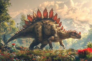 Behold the splendor of a Stegosaurus adorned in battle-ready armor, standing tall amidst a prehistoric landscape bustling with ancient flora, a captivating scene of strength