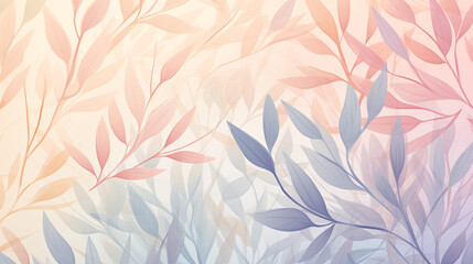 Twilight Forest Leaves: Pattern of Pink and White Leaves Against a Background of Light Orange and Sky-Blue, Evoking the Serene Atmosphere of Dusk in the Forest