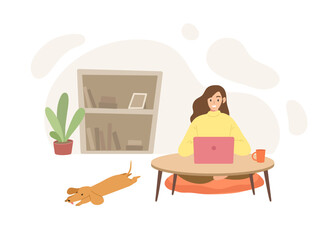 Young woman sitting on floor and using laptop in living room with cute dog lying beside. Concept of freelancer, working at home, surfing on internet, free time. Flat vector illustration character.