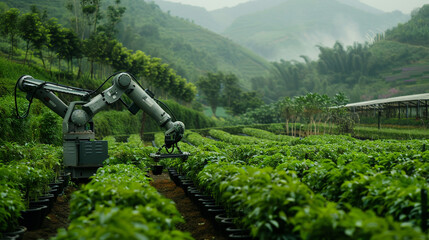 Fusion of nature and technology on a farm, with robotic arms assisting in the planting of trees in...