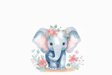 cute elephant holding flowers in its trunk; painting watercolor illustration 