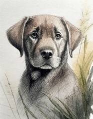 watercolour of a brown labrador looking forwards, headshot