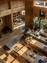 modern wooden interior home open space office view from above