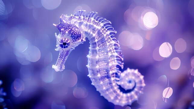   A tight shot of a seahorse with indistinct backlights and a hazy seahorse figure in the foreground