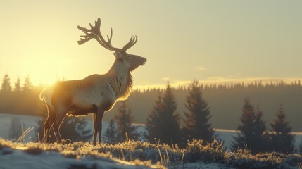   A large elk atop a snow-covered field, adjacent to a pine-tree forest during sunset