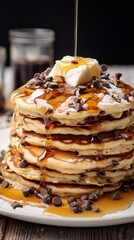 stack of pancakes with honey butter chocolate