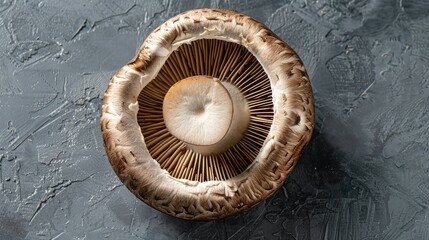 Obraz premium Fresh champignon mushroom on gray textured background. Top view
