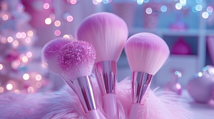   A collection of pink makeup brushes atop a mound of pink, fur-covered flooring near a Christmas tree