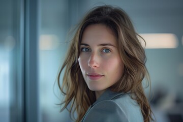 Fashionable young woman posing, portrait in studio. Attractive, stylish brunette with natural makeup