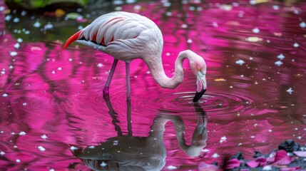   A flamingo bends its neck, submerging its head in the water; its mirror image echoes this pose