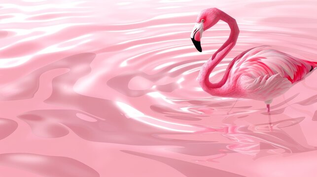   A pink flamingo wades in a body of water, with its head and legs submerged