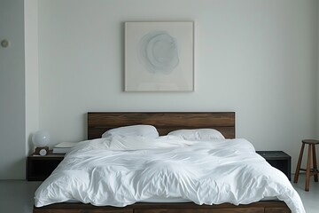 A minimalist bedroom with a platform bed, crisp white linens, and a single piece of artwork above the headboard, creating a serene sleeping environment.