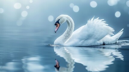   A white swan floats atop tranquil water against a backdrop of blue and white Circles of light dance on the surface in gentle reflection