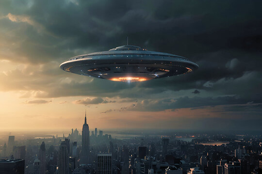 UFO hovering above a large city